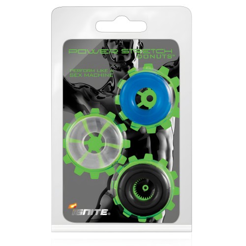 Anillos para el Pene Ignite Power Stretch Donuts - Pack de 3 Negro/Transparente/Azul