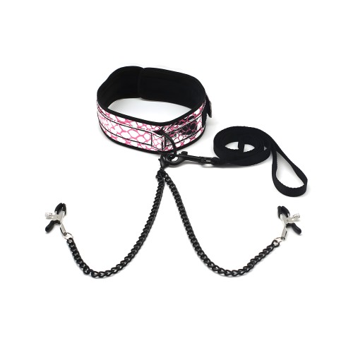 Spartacus Faux Leather Collar & Leash w/Black Nipple Clamps - Pink