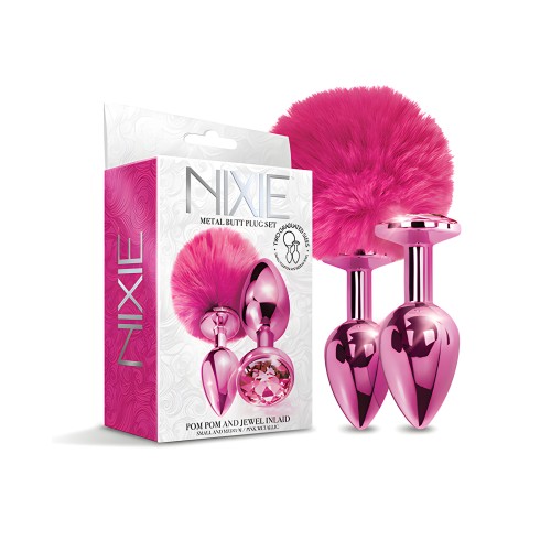 Nixie Metal Butt Plug Set w/Jewel Inlaid & Pom Pom - Pink Metallic