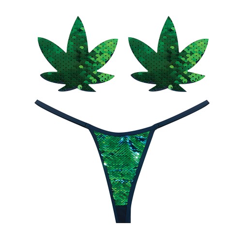 Neva Nude Naughty Knix Weed Leaf G-String & Pasties - Green O/S