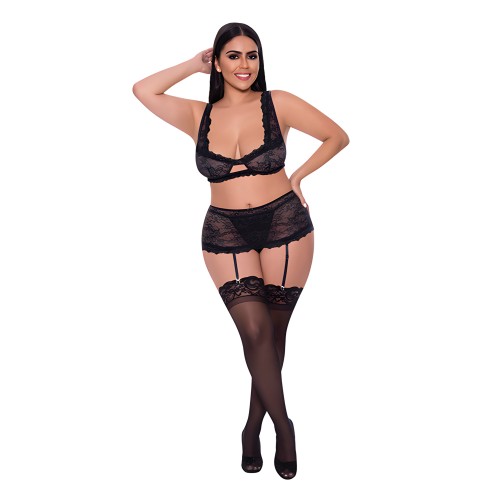 Ooh La Lace Bralette, Falda con Ligueros y G-String Negro QN