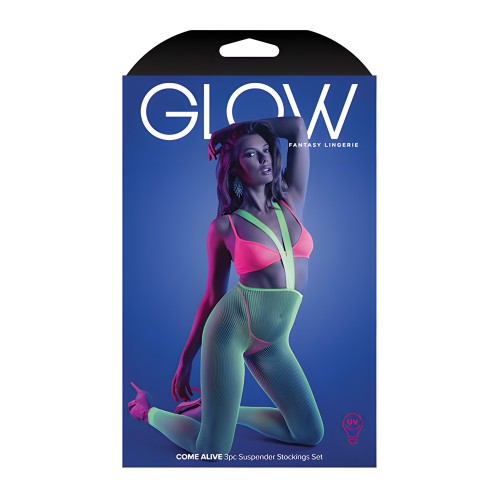 Glow Come Alive Suspender Stockings, Bralette & G-String Multi Color O/S
