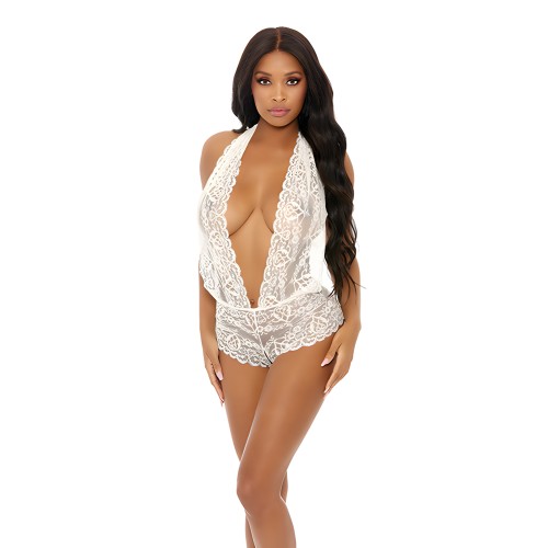 Sheer Lace Deep V Bodysuit w/Open Crotch - White XL