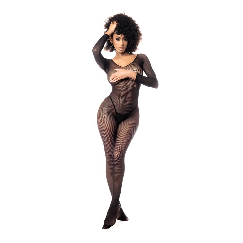 Long Sleeved Fishnet Body Stocking - Black