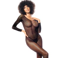 Long Sleeved Fishnet Body Stocking - Black