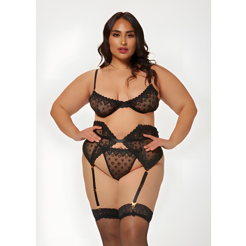 Valentines Heart Embroidered Mesh Bra, Waspie & Panty Black 1X/2X