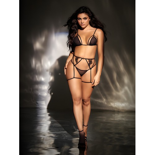 Conjunto de Top de Malla, Cinturilla y Tanga - Negro S/M