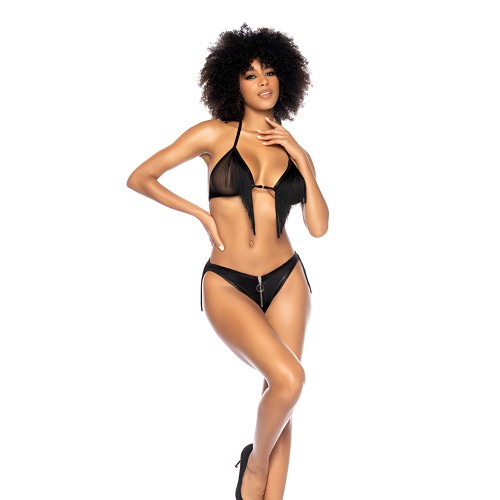 Fringe Halter Top & Open Back Bottom Set - Black L/XL