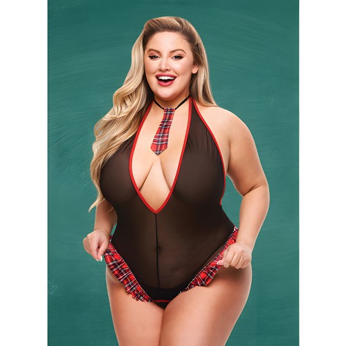 Teddy Crotchless Transparente de Estudiante con Corbata Negro/Rojo QN