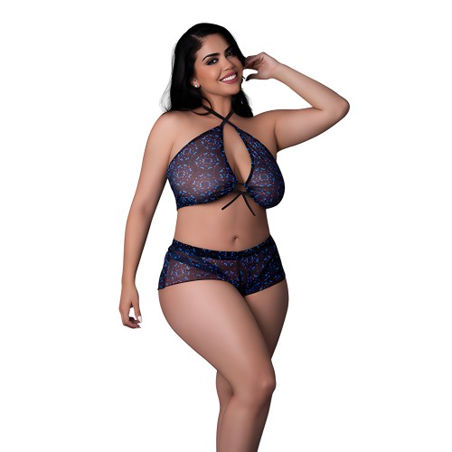 Conjunto de Top Halter y Short Reflectante de Mariposa - Negro Multi QN