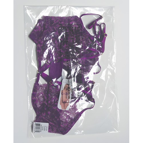 Conjunto de Sujetador y G-String de Encaje Escalopado Metálico - Morado SM