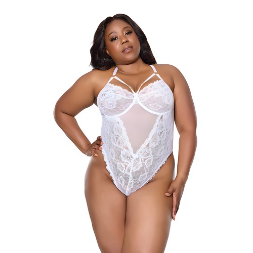 Floral Scallop Stretch Lace & Mesh Teddy - White 1X/2X
