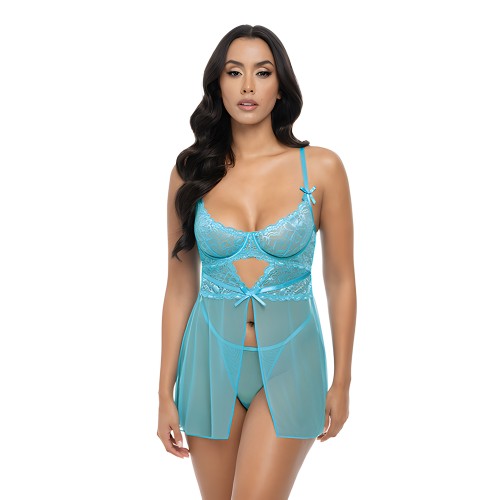 Emma Floral Lace & Mesh Underwire Babydoll w/G-String - Beach Blue MD