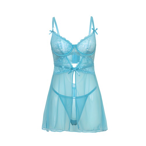 Conjunto de Babydoll de Encaje Floral y Malla con Tanga - Azul Playa MD