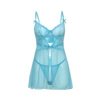 Conjunto de Babydoll de Encaje Floral y Malla con Tanga - Azul Playa MD