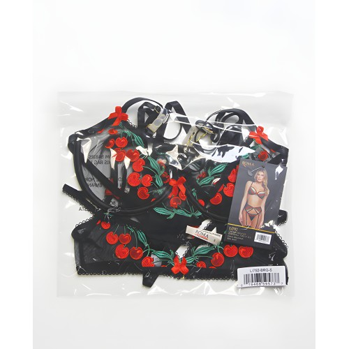 Cherry Delight Embroidered Lace and Mesh Underwire Bra w/Garter & G-String 3 pc Set - Black XL