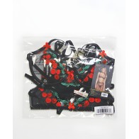 Cherry Delight Embroidered Lace and Mesh Underwire Bra w/Garter & G-String 3 pc Set - Black XL