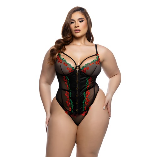 Corset Bordado con Varilla y Tanga - Negro 1X