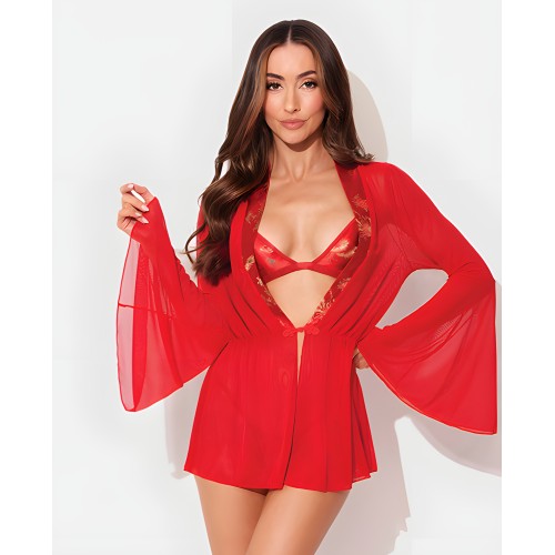 Conjunto de 3 Piezas Bata de Malla Transparente con Top Triangular de Satén &amp; G-String - Rojo LG