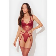 Eden Embroidered Lace & Mesh Teddy - Dark Red LG