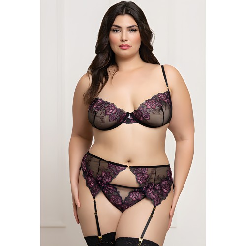 Floral Lace and Mesh Underwire Bra 3 pc Set - Black/Purple 3X/4X