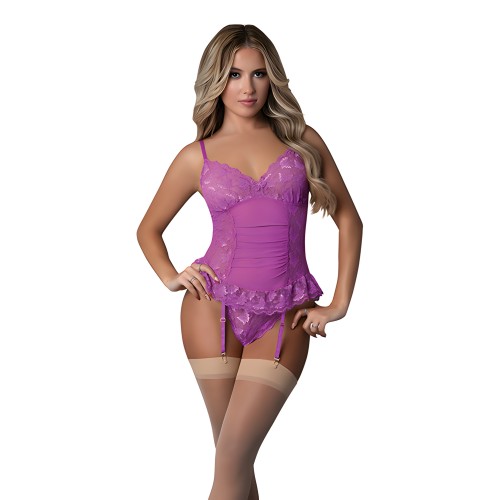 Conjunto de Corset Recogido Fantasías de Mariposa con Panty Travieso y Ligas Adjuntas - Púrpura Neón
