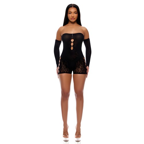 Cross Your Mind Romper Bodystocking w/Rhinestone Details & Gloves 2 pc Set - Black O/S