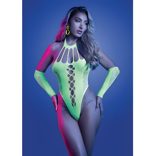 Teddy y Guantes/Calentadores de Piernas UV Reactivos con Piedras Preciosas 2 Piezas - Verde Neón O/S