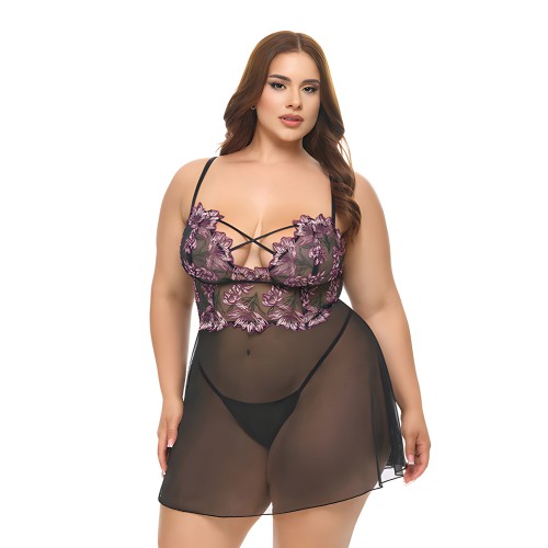 Conjunto de Babydoll de Encaje y Malla Bordado Adela con G-String 2 Piezas - Negro/Rosa 2X