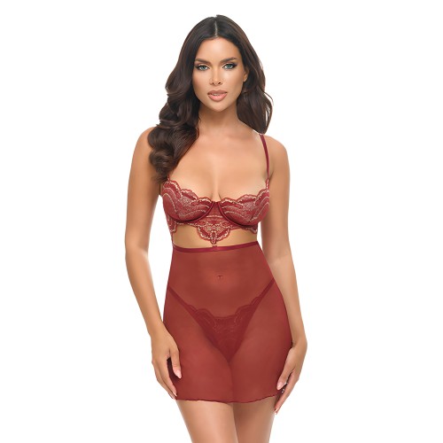 Arielle Unlined Underwire Lace Babydoll w/G-String - Burgundy S/M