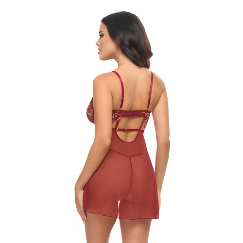 Babydoll de Encaje Sin Forro con Aros y G-String - Burdeos S/M