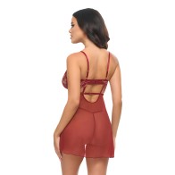 Babydoll de Encaje Sin Forro con Aros y G-String - Burdeos S/M