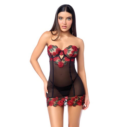 Babydoll Bordado Floral Indomable con Detalle de Cierre en la Espalda y Tanga - Negro/Rojo LG