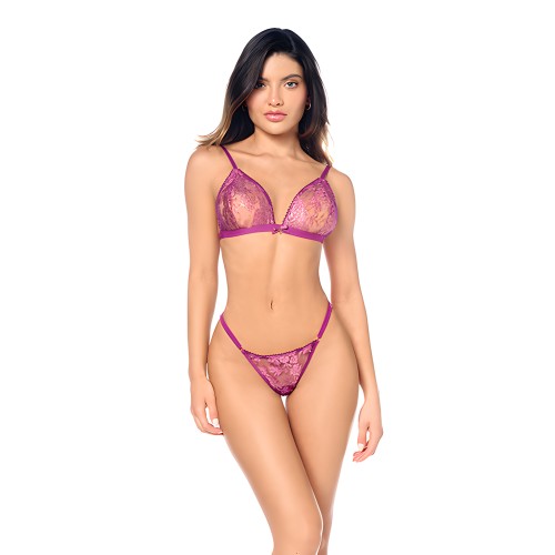 Conjunto de Top Triangular de Encaje y Panty - Rosa L/XL