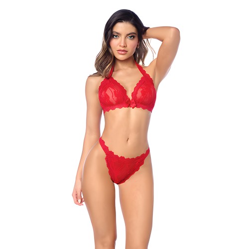 Conjunto de Top Halter de Encaje y Panty 2 Piezas - Rojo L/XL | Lencería Romántica