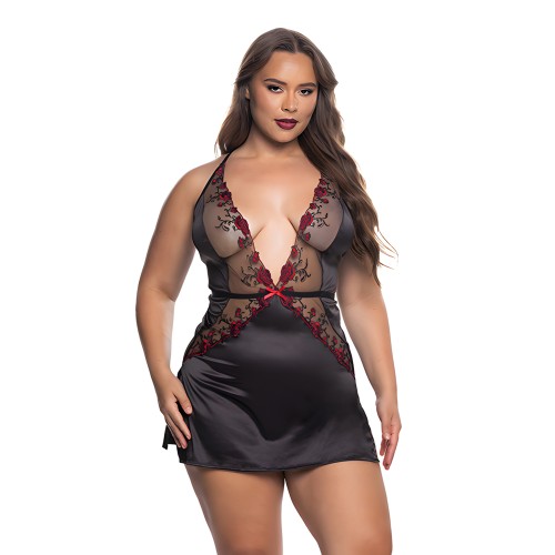 Babydoll de Encaje Bordado Rosa Blossom Beauty - Negro/Rojo 1X