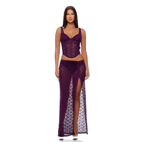 Feel Me Lace Bustier, Panty, & Skirt 3 pc set - Purple SM