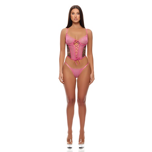Animal Instincts Mesh Bustier & Panty 2 pc Set - Pink Leopard SM
