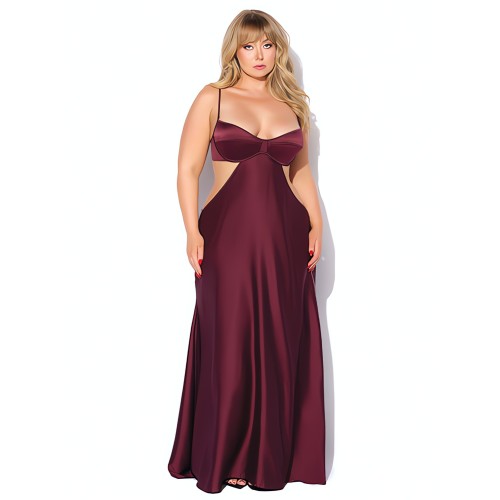 Brigeta Satin Cut Out Long Dress - Burgundy 1X/2X