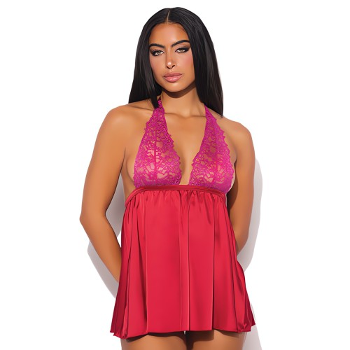 Jocelyn Lace & Satin Halter Mini Babydoll - Raspberry MD