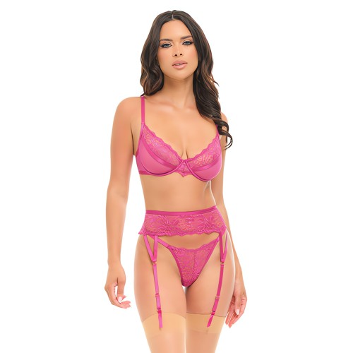 Julia Lace & Mesh 3 pc Set w/G-String - Rose L/XL