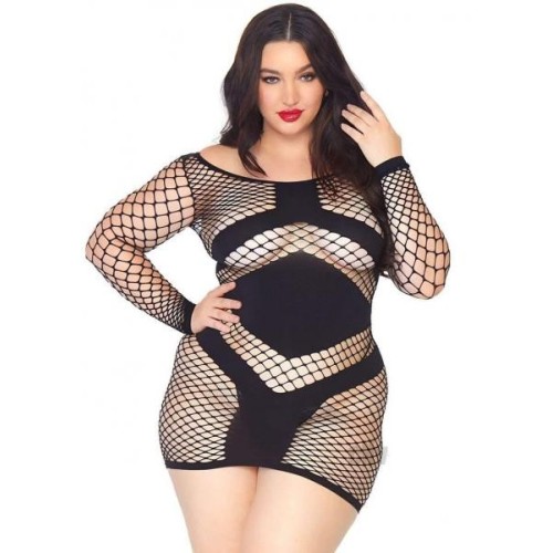 Diamond Net Long Sleeve Mini Dress Plus Size Black for Elegant Appeal